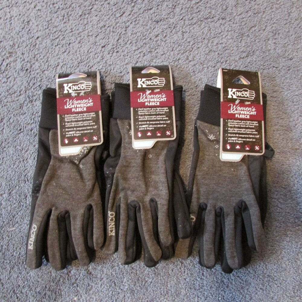 3 Pack Kinco Lightweight Fleece Warm Gloves (Size Large) Gray Black No Slip Palm